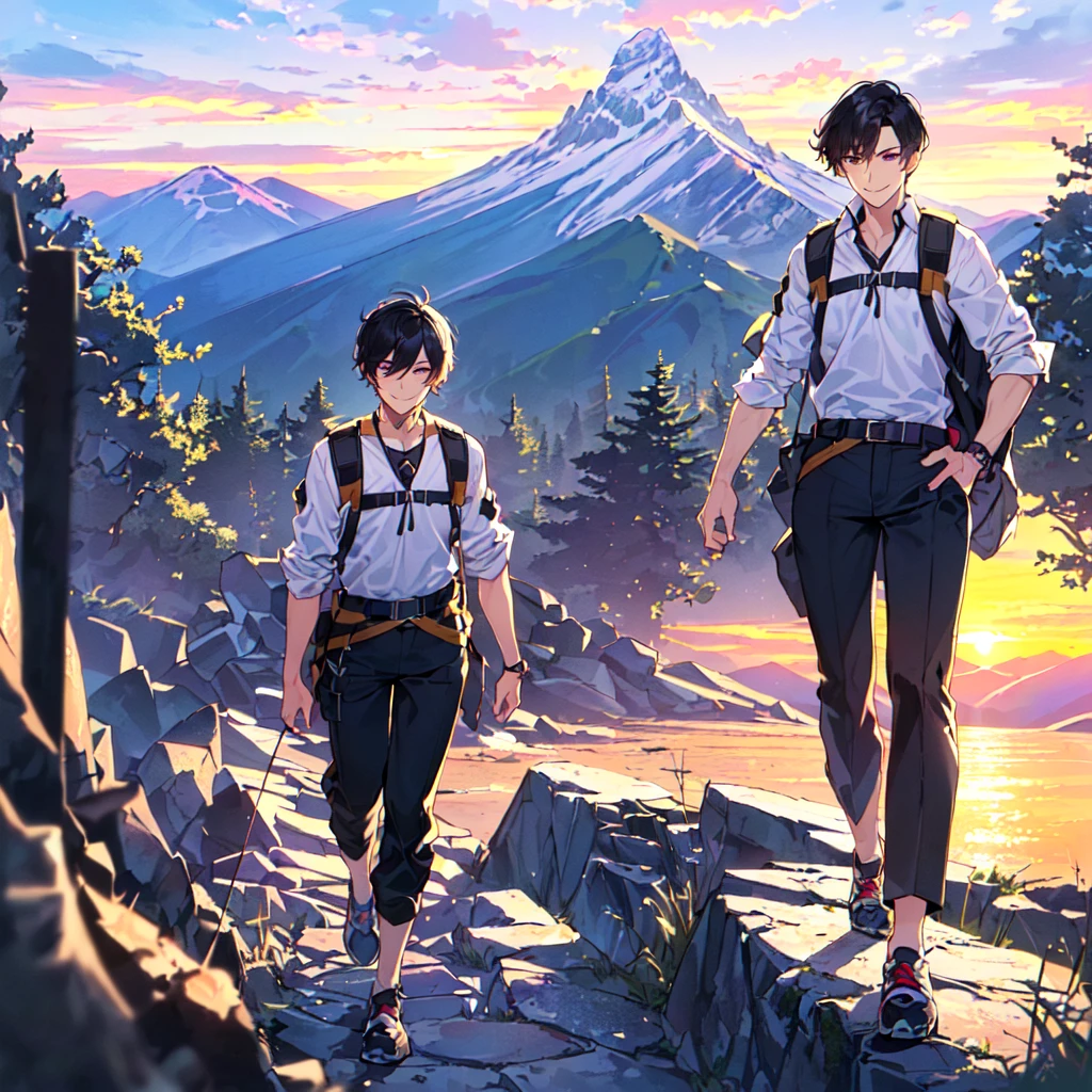 masterpiece,best quality,high quality,(1 male austere handsome solo adult age 30:1.5), purple eyes, cool with suspended eyes, V-shaped eyebrows, body strong and fearless 8.5 head tall, height 185cm,(well-groomed black short hair down to neck:1.4),(bangs in three (hair parted in three parts: 1.4), slender nose, facial muscles, throat, (summer mountaineering outfit and pants: 1.3), (walking), (stylish pose), (cool smile: 1.3), (background summer mountain forest: 1.3) , (sunset: 1.3)