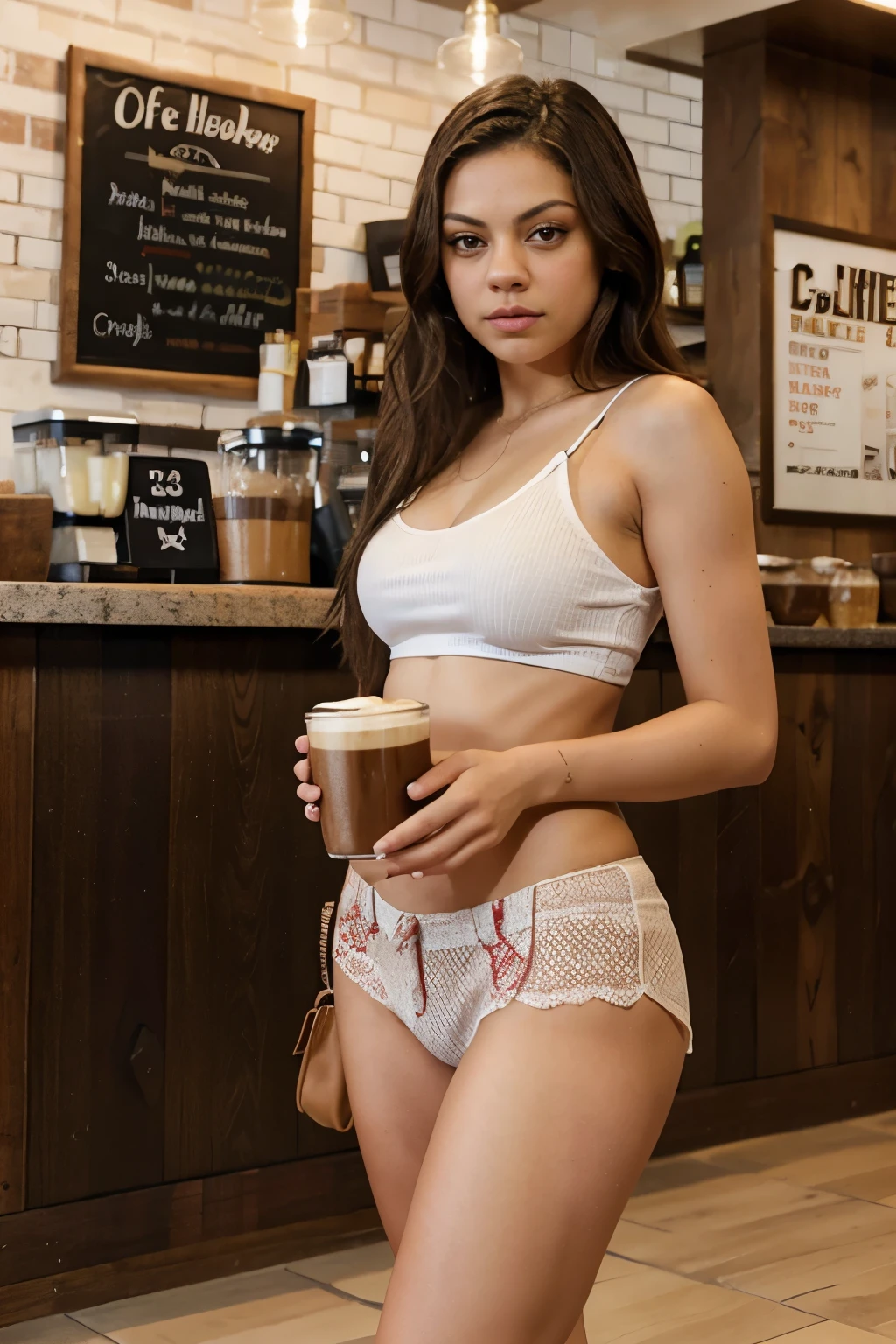 slim latina 23 years old look Mila Kunis coffee shop