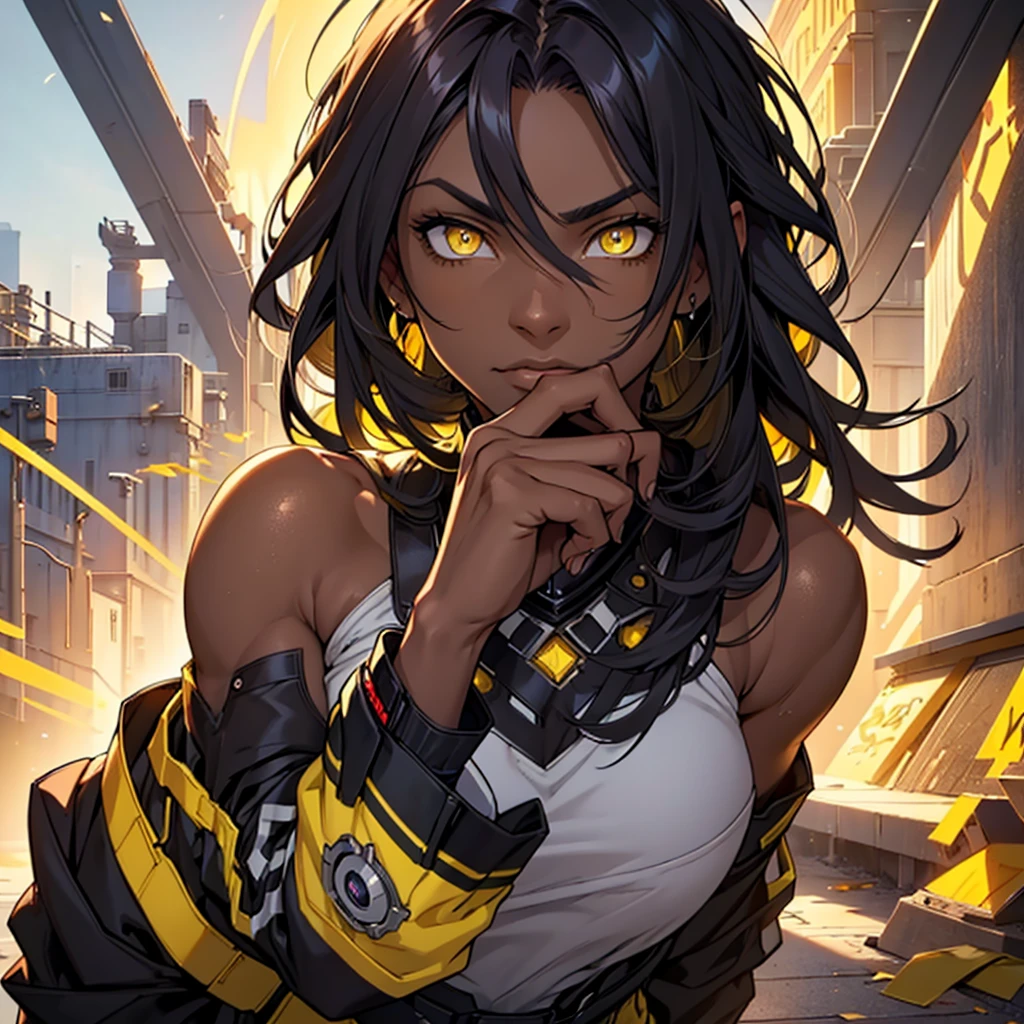 Male, Young, long hair, (yellow eyes:1.5), cabelo roxo, darkskin, dark skinned male, break bodysuit, body preto, bare arms, bared shoulders, break outdoors,
break looking at viewer, break (work of art:1.2), best qualityer, high resolution, unity wallpaper 8k, (illustration:0.8), (beautiful detailed eyes:1.6), extreme detailed face, perfect lighting, extremely detailed CG, (perfect hands, Perfect Anatomia),