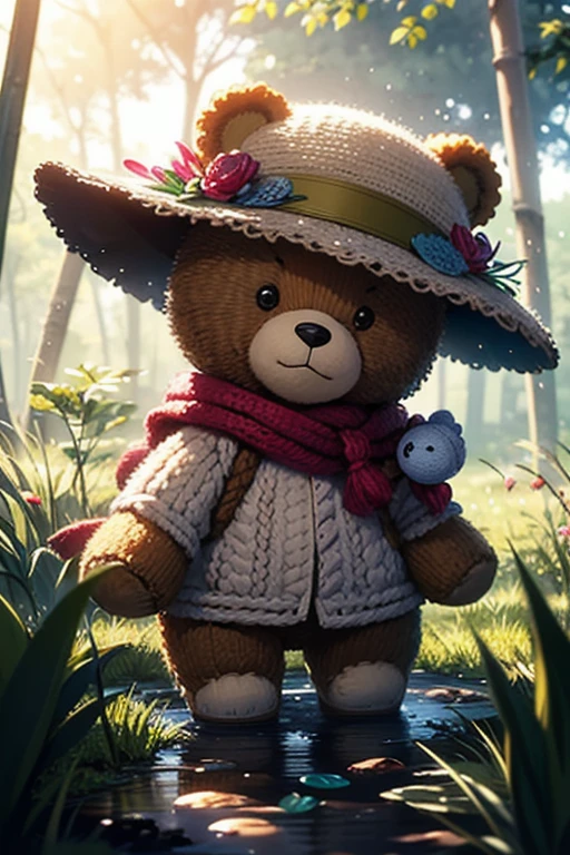 knitted bear, small anthropomorphic animal, with hat and old clothes from the 17th century, macro photography in thick grass, dew drops reflecting the environment, super detailed toy, you can see every wool of the toy, you can see every shrvcik in the clothes, dragging all your things on you, cute animal, fluffy toy,