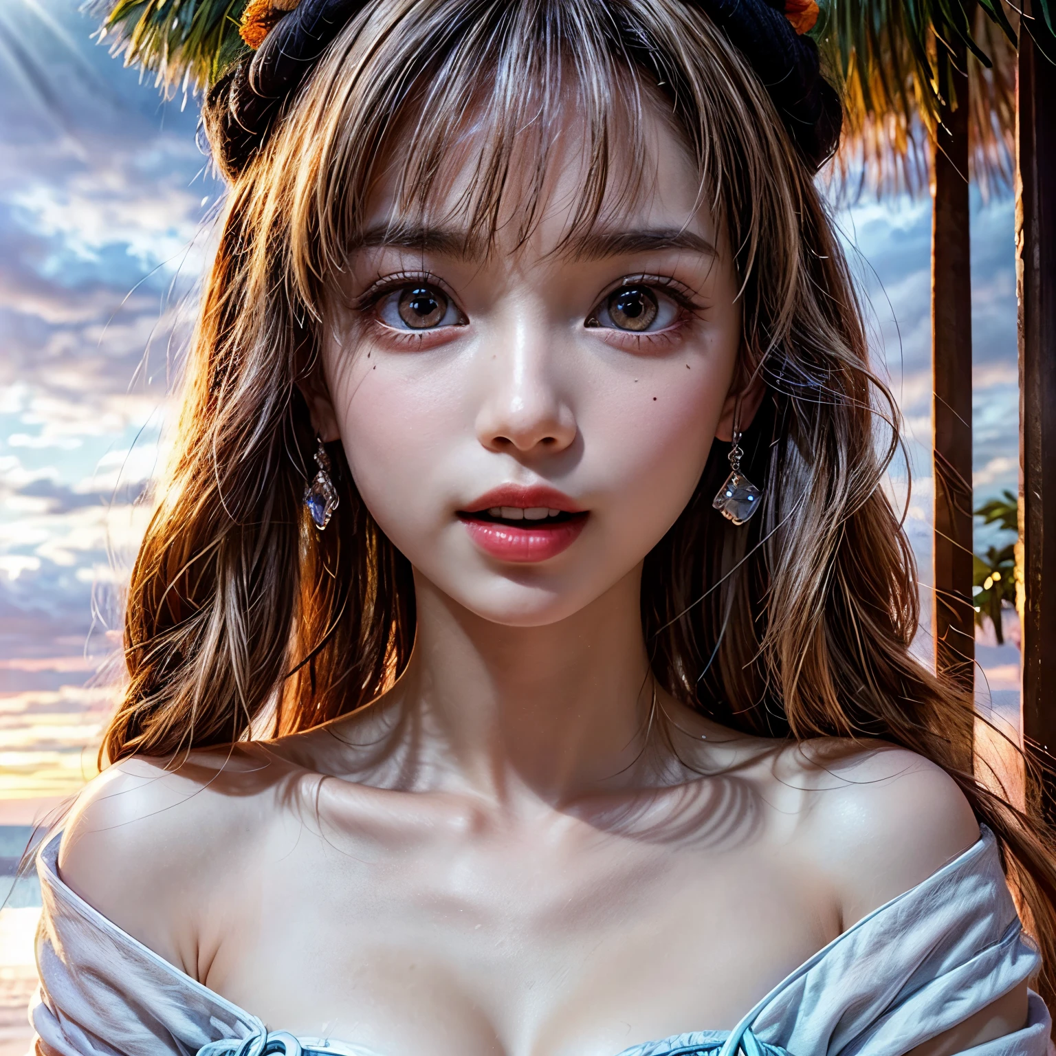 (Acutance:0.85), Masterpiece of 8K Ultra-detailed, Volumetric lighting, (RAW photorealistic:1.37), Tiny girl wearing tube-top dress、Tropical Beach、evening、Stroll along the beach、(Gazing at the sunset, colorful sky)、(Orange rays illuminating face, close-up:1.4), Gust of wind . (((Extremely detailed NOGIZAKA face))), perfect anatomy, Childish, captivating gaze, elaborate detailed Eyes with (sparkling highlights:1.3), long eyelashes、Glossy RED Lips with beautiful details, Coquettish tongue, Rosy cheeks, ((Radiant natural skin) with clear transparency) . { (Dynamic joyful expressions) | (:d) }, (Light Particle;1.25, God rays), (no Large eyes).