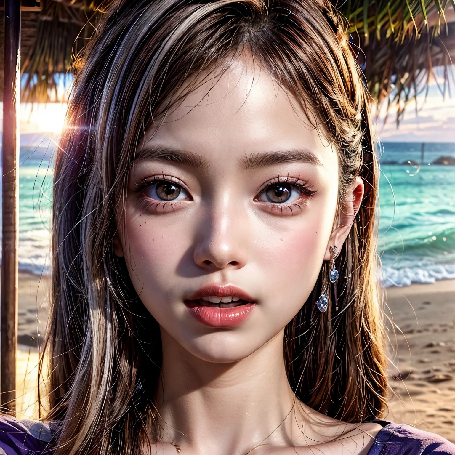 (Acutance:0.85), Masterpiece of 8K Ultra-detailed, Volumetric lighting, (RAW photorealistic:1.37), Tiny girl wearing tube-top dress、Tropical Beach、evening、Stroll along the beach、(Gazing at the sunset, colorful sky)、(Orange rays illuminating face, close-up:1.4), Gust of wind . (((Extremely detailed NOGIZAKA face))), perfect anatomy, Childish, captivating gaze, elaborate detailed Eyes with (sparkling highlights:1.3), long eyelashes、Glossy RED Lips with beautiful details, Coquettish tongue, Rosy cheeks, ((Radiant natural skin) with clear transparency) . { (Dynamic joyful expressions) | (:d) }, (Light Particle;1.25, God rays), (no Large eyes).