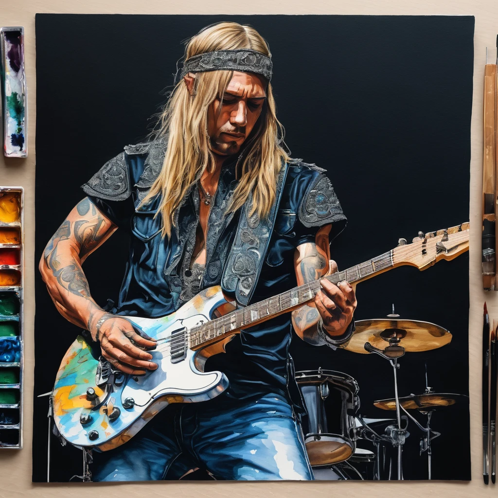 dark sketch of a guitarist from a metal band. He has long blond hair and expressive makeup eyes, wearing jeans. In front and next to the percussion instruments are the musicians and singers of the metal band. The band plays music on an open-air stage. Hyperrealistic and hyperdetailed elements, realistic and beautiful hands, impressionistic techniques, masterpieces, paint splatters and ink splatters. 32K watercolor, digital art, UHDR