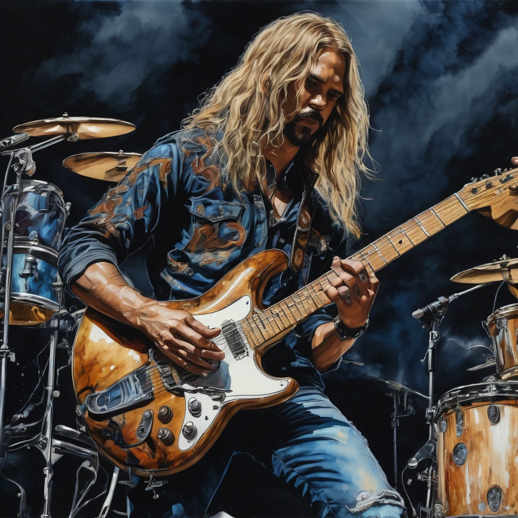 dark sketch of a guitarist from a metal band. He has long blond hair and expressive makeup eyes, wearing jeans. In front and next to the percussion instruments are the musicians and singers of the metal band. The band plays music on an open-air stage. Hyperrealistic and hyperdetailed elements, realistic and beautiful hands, impressionistic techniques, masterpieces, paint splatters and ink splatters. 32K watercolor, digital art, UHDR