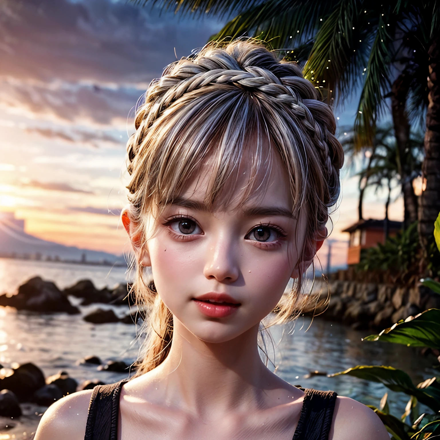 (Acutance:0.85), Masterpiece of 8K Ultra-detailed, Volumetric lighting, (RAW photorealistic:1.37), Tiny girl wearing tube-top dress、Tropical Beach、evening、Stroll along the beach、(Gazing at the sunset, colorful sky)、(Orange rays illuminating face, close-up:1.4), Gust of wind . (((Extremely detailed NOGIZAKA face))), perfect ???????, Childish, captivating gaze, elaborate detailed Eyes with (sparkling highlights:1.3), long eyelashes、Glossy RED Lips with beautiful details, Coquettish tongue, Rosy cheeks, ((Radiant natural skin) with clear transparency) . { (Dynamic joyful expressions) | (:d) }, (Light Particle;1.25, God rays), (no Large eyes).