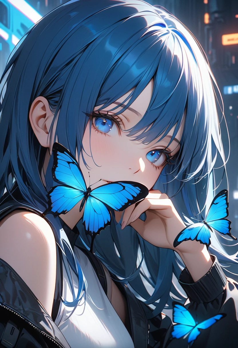 Glowing blue butterfly,emulsion,1 girl,Blue long hair,masterpiece, Highest quality,High resolution,Detail enhancements,Highest quality,Perfect image quality,Cool and elegant,Beautiful and gentle,Cyberpunk characters