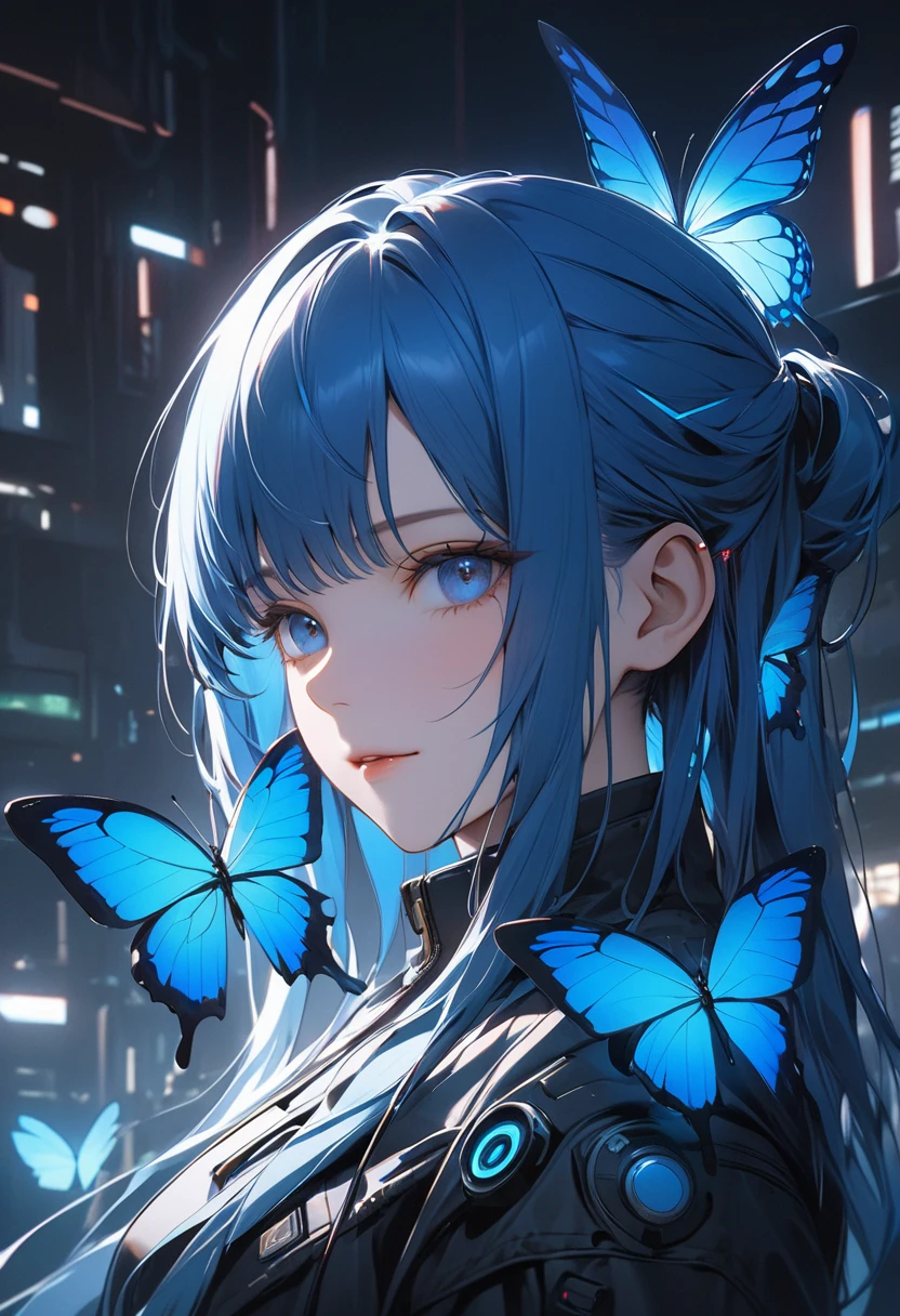Glowing blue butterfly,emulsion,1 girl,Blue long hair,masterpiece, Highest quality,High resolution,Detail enhancements,Highest quality,Perfect image quality,Cool and elegant,Beautiful and gentle,Cyberpunk characters