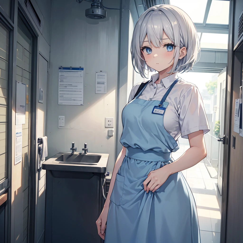 Create a detailed anime-style illustration of a young nurse with short, silver hair styled in a bob with a slight wave. She has large, expressive blue eyes and a gentle, serious expression. She is wearing a light blue nurse uniform with a white apron and a name tag, standing in a well-lit hospital corridor. There are plants and medical equipment in the background, adding to the setting. The lighting should be soft, casting gentle shadows to enhance the atmosphere