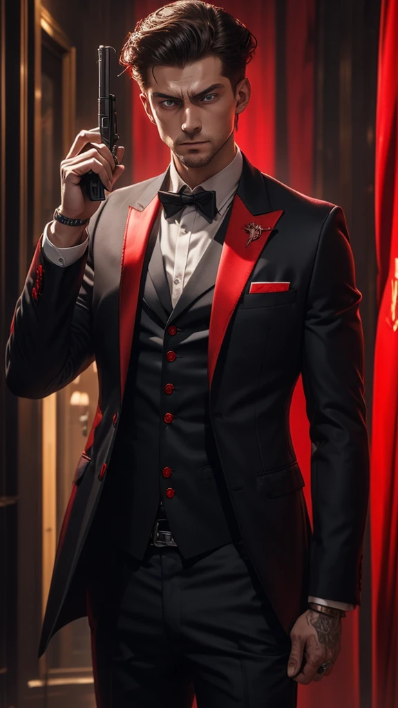 russian mafia、Red suit、Opened Y-shirt、Holding a Tokarev in one hand、Large scars on both cheeks、Blue Eyes、Eyes are fixed、ambition、fear、Angry、Luxury hotel interior、Highest quality