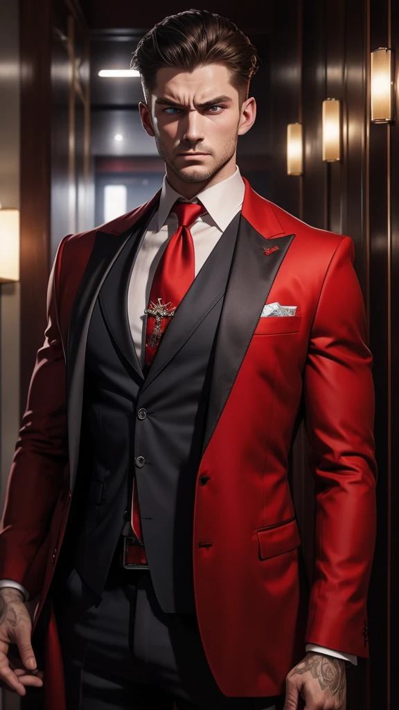 russian mafia、Red suit、Opened Y-shirt、Holding a Tokarev in one hand、Large scars on both cheeks、Blue Eyes、Eyes are fixed、ambition、fear、Angry、Luxury hotel interior、Highest quality