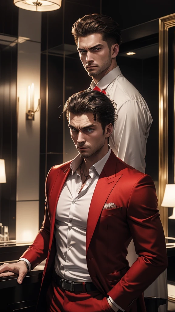 russian mafia、Red suit、Opened Y-shirt、Holding a Tokarev in one hand、Large scars on both cheeks、Blue Eyes、Eyes are fixed、ambition、fear、Angry、Luxury hotel interior、Highest quality