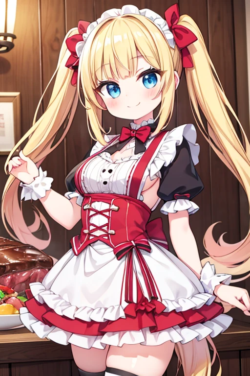 A happy smile,Eat a multi-layered steak,big steak,A steak like a chunk of meat,tail,Highest quality,Blonde with blue eyes、Lolita、Small breasts、Twin tails、girl&#39;enjoy,smile,bonnet,chopsticks,Japanese hashi,