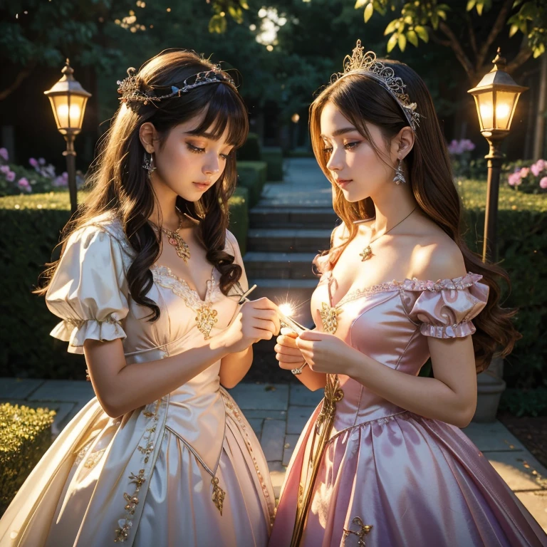 (masterpiece, best quality:1.5), highest quality, High resolution, super detailed, Realists, Upper body photo of a brunette 14-year-old magical girl, detailed and beautiful eyes, beautiful detailed lips, very detailed eyes and face, longeyelashes, shiny satin dress, Holding a magic wand in your hand, Cast a light spell, Magic wands present and shiny, Beautiful and colorful makeup, elegant and noble々The jewelry bag, Gardens as background, soft daylight, bright colors, fine brushstrokes, Portrait style, Silk dress fabric, beautiful color palette, glowing skin, First-class rendering, that captures every detail, enchanting atmosphere, subtle shadows and lights, (perfect anatomy:1.2), (The two stunning 14 and 12 year old Magical Girls perform magic together (a transformation with the magic wand:1.4), (magnificent panorama view:1.2)