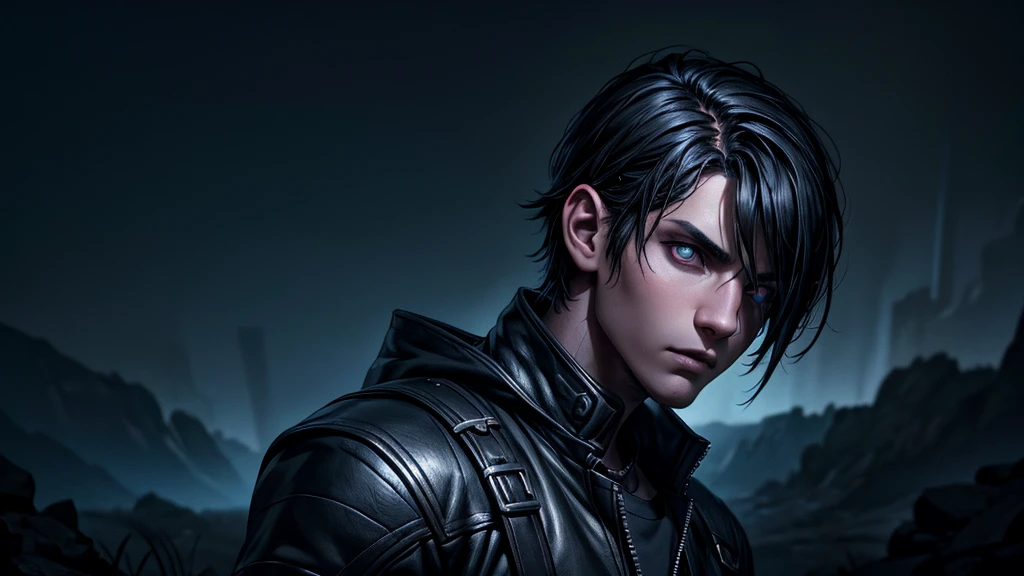 an emo goth boy looking at a starry night sky, highly detailed face and eyes with glow, moody atmosphere, dark colors, dramatic lighting, cinematic composition, digital art, concept art, hyper realistic, photorealistic, 8k, best quality, masterpiece