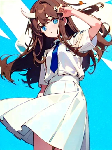 A girl who has light brown hair that reaches her shoulders, with bangs that fall over his forehead. Its blue eyes and it has a pair of small white horns on its head.. He wears a white blouse with a blue tie, combined with a dark skirt that highlights her slender figure. His skin is clear, It is elegant and firm.