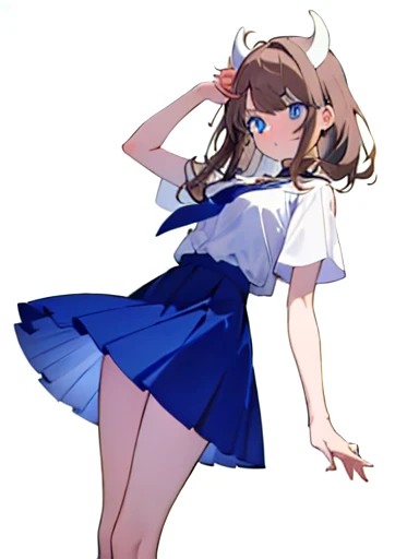 A girl who has light brown hair that reaches her shoulders, with bangs that fall over his forehead. Its blue eyes and it has a pair of small white horns on its head.. He wears a white blouse with a blue tie, combined with a dark skirt that highlights her slender figure. His skin is clear, It is elegant and firm.