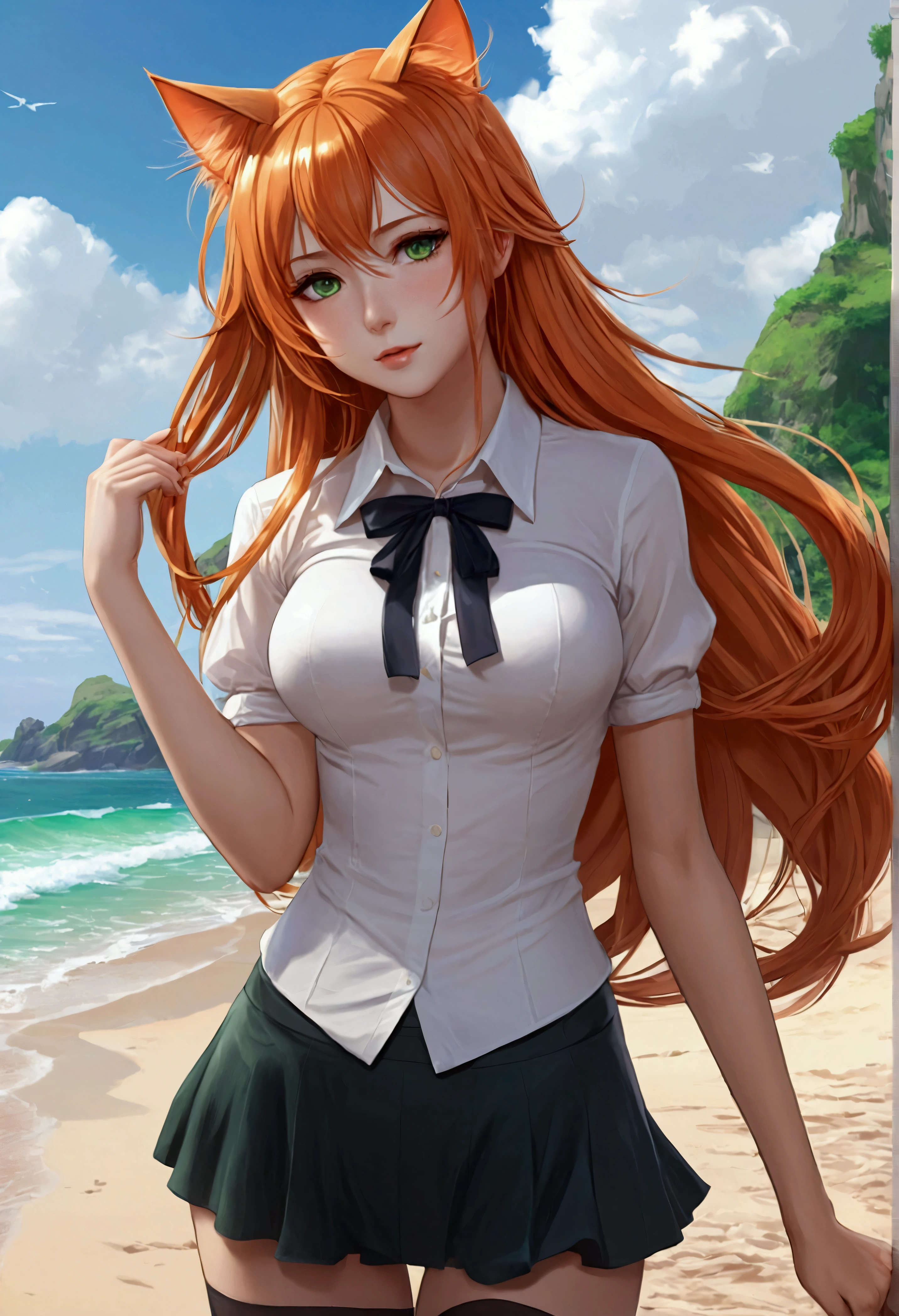 anime girl with long orange hair standing on beach near ocean, green eyes detailed digital anime art, cat ears, , anime girl with long hair, smooth anime cg art, anime girl with long hair, average breast size, digital anime art, artwork in the style of guweiz, beautiful anime portrait, photorealistic anime girl render, beautiful anime girl, advanced digital anime art, pantyhose, guweiz on artstation pixiv upscale HD UHD HQ