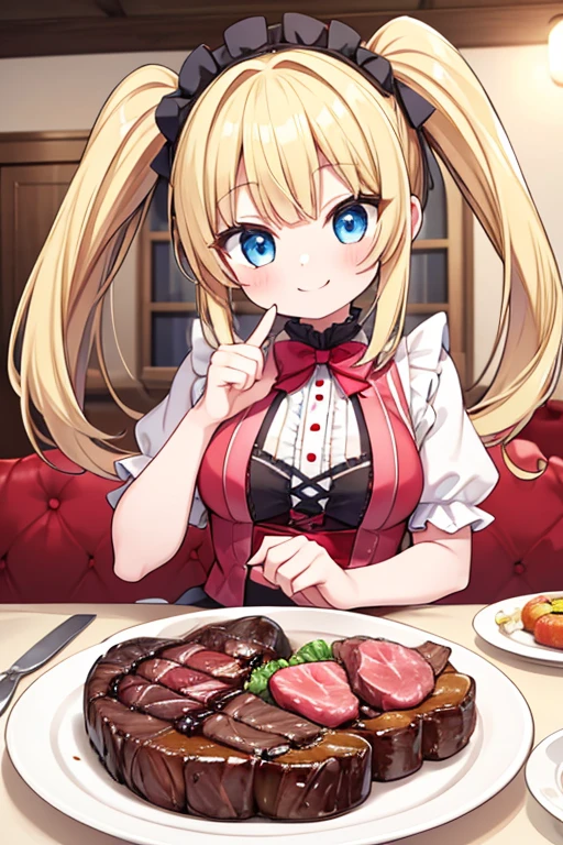 A happy smile,Eat a multi-layered steak,big steak,A steak like a chunk of meat,tail,Highest quality,Blonde with blue eyes、****ta、Small breasts、Twin tails、girl&#39;enjoy,smile,bonnet,chopsticks,Japanese hashi,