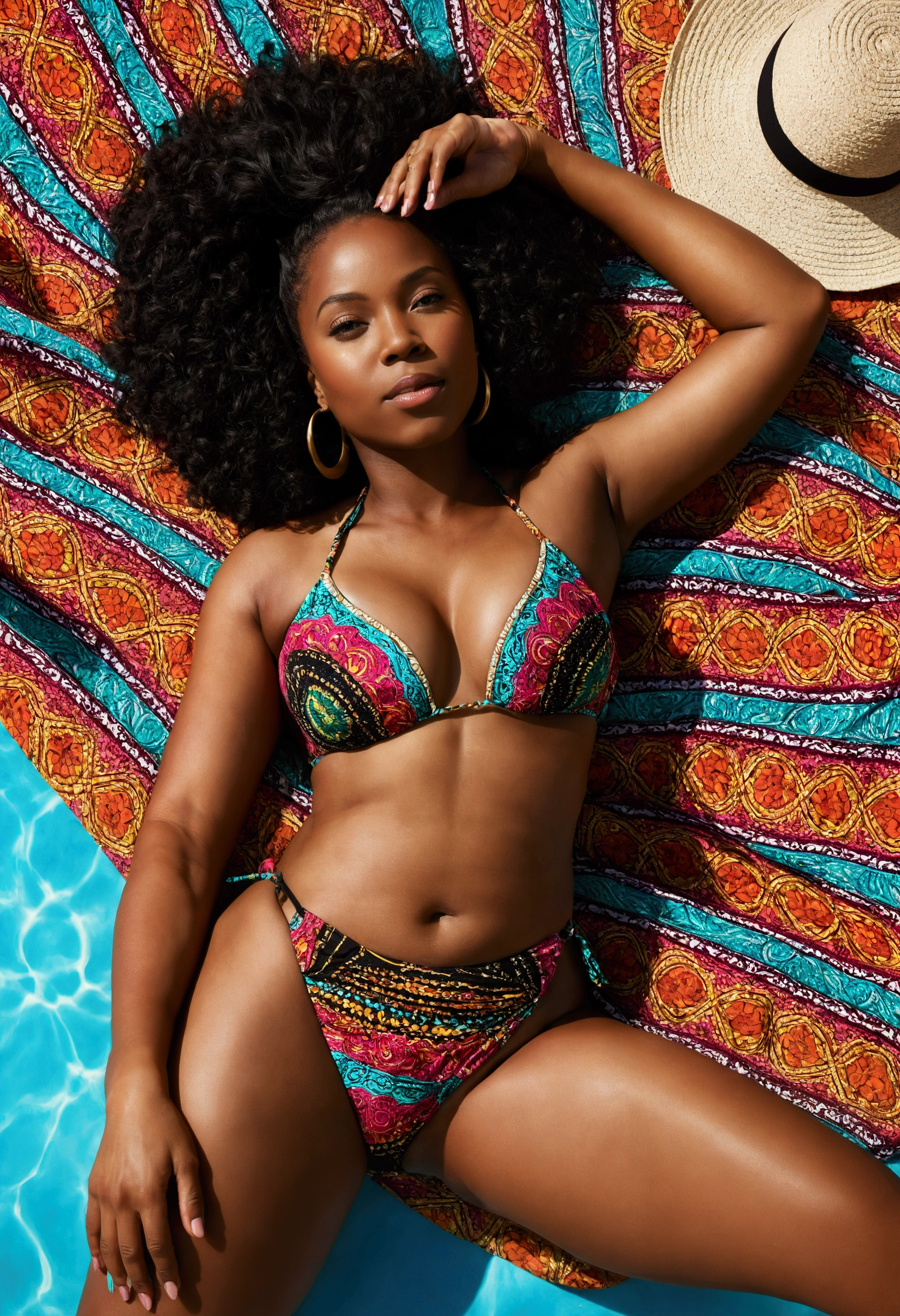 Black woman in bikini, lying down, wide hips and
