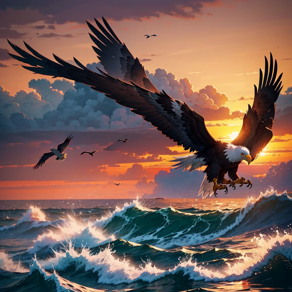 Generate the image of an injured eagle flying and in the background the sea and birds flying at dusk with a gloomy atmosphere, in reddish colors like a watercolor