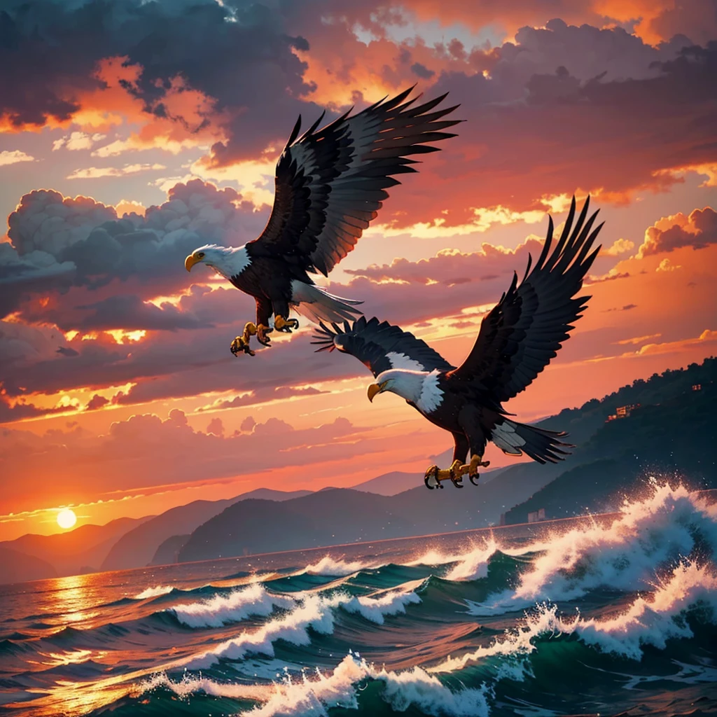Generate the image of an injured eagle flying and in the background the sea and birds flying at dusk with a gloomy atmosphere, in reddish colors like a watercolor
