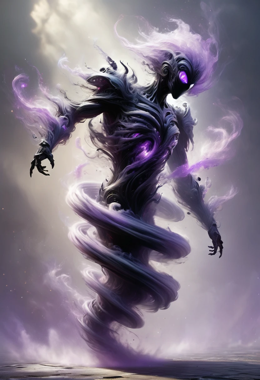 This creature appears as a body of translucent dark gray, black and purple energy with small motes of purple light winking in and out of existence along its spherical form. It has a head, neck, chest, but it's body ends in a tapered whispy smoke, no legs or feet evident. Whispy black smoke wearing bracers and black chest plate armor and shoulder plates