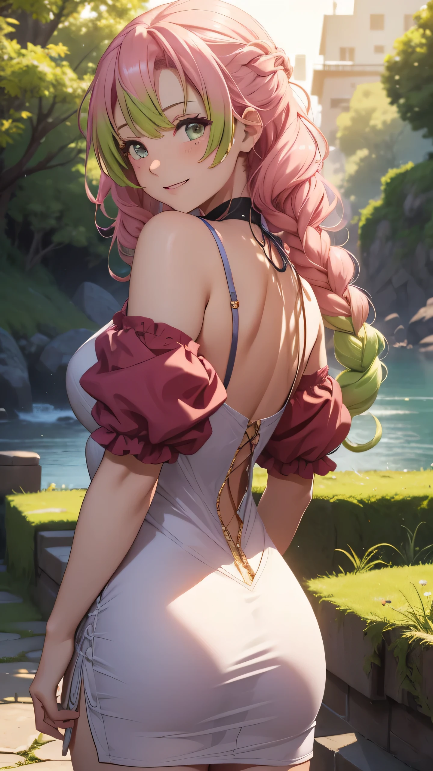 "Extremely detailed CG Unity 8K wallpapers，kanjiro mitsuri，photograph from behind, tight dress, focus on ass, masterpiece，outdoors，charming，best picture quality，Volumetric light，Pink hair，Face turned red，Smile，Off the shoulder dress，Bangs cover one eye，looking at camera