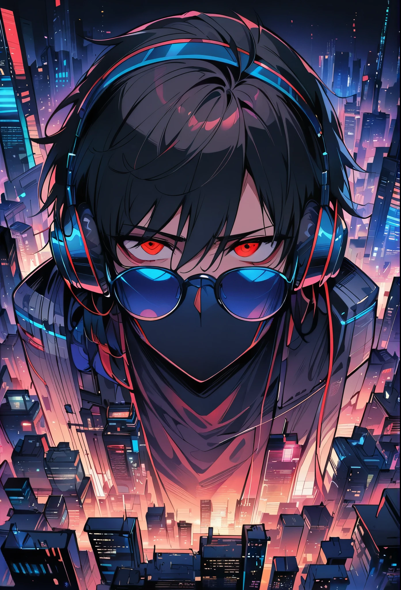 Adult, male, mature, shaggy black hair, short black hair, red eyes, hipster clothes, round tinted sunglasses, blue sunglasses, headphones, apathetic indifference, Masterpiece, Accurate, Best Quality, Detail, High Details, Quality, Super Detailed, High Quality, Anatomically Correct, tilted head, city, night, cyber city at night