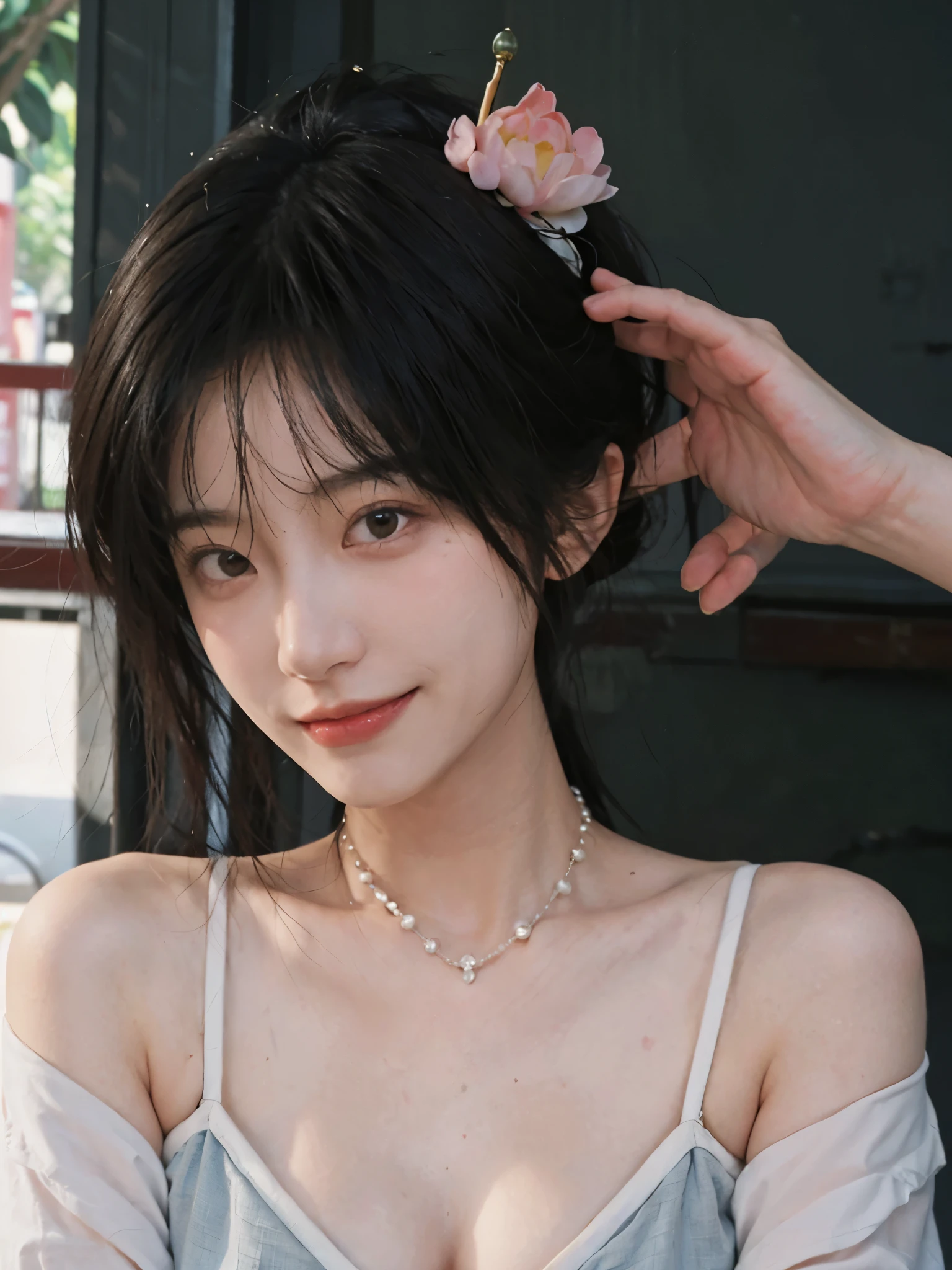 best qualtiy, Ultra-high resolution, (realisticlying:1.4),cute hairpin,Baoyu Girl,European style apartment,(flatchest:1.2) ,A pair of clear and moving peach blossom eyes,Royal Sister,sunshine on face,Big waves,(ln the forest:1.4),(choker necklace:1.2),(Fair skin:1.4),a sense of atmosphere,a beauty girl, ssmile,head straight-looking at viewer, closeup ,(Photorealistic:1.4),1girll,sexly,(Ur body:1.4),(Wet body),(:1.2)