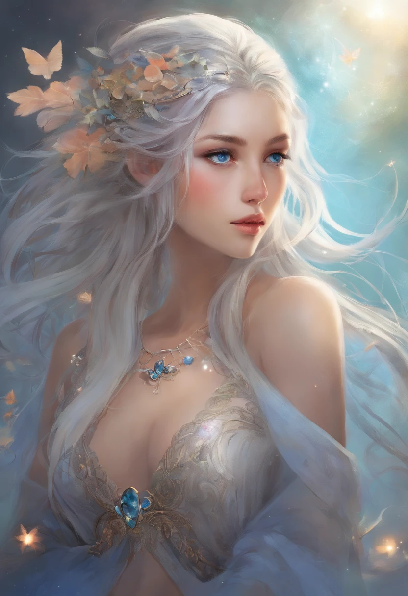 One girl, Ash grey hair color, Pointed Ears, blue eyes, Garment Lift, alone, hair ornaments, Hair Clip, Long Hair, Lift up your shirt, Braiding, View your viewers, lips, Lifted it himself, horse, Head to toe full body, belly button, Day,White shirt,
