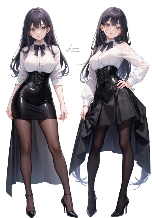 Purple ((super long Hair)),Adult female,(suit),White Y-shirt,((Rolling up his sleeves)),(corset),(Black tight skirt),(High heels),Heels are visible,((Simple white background)),smile,((whole body)),((full body)),