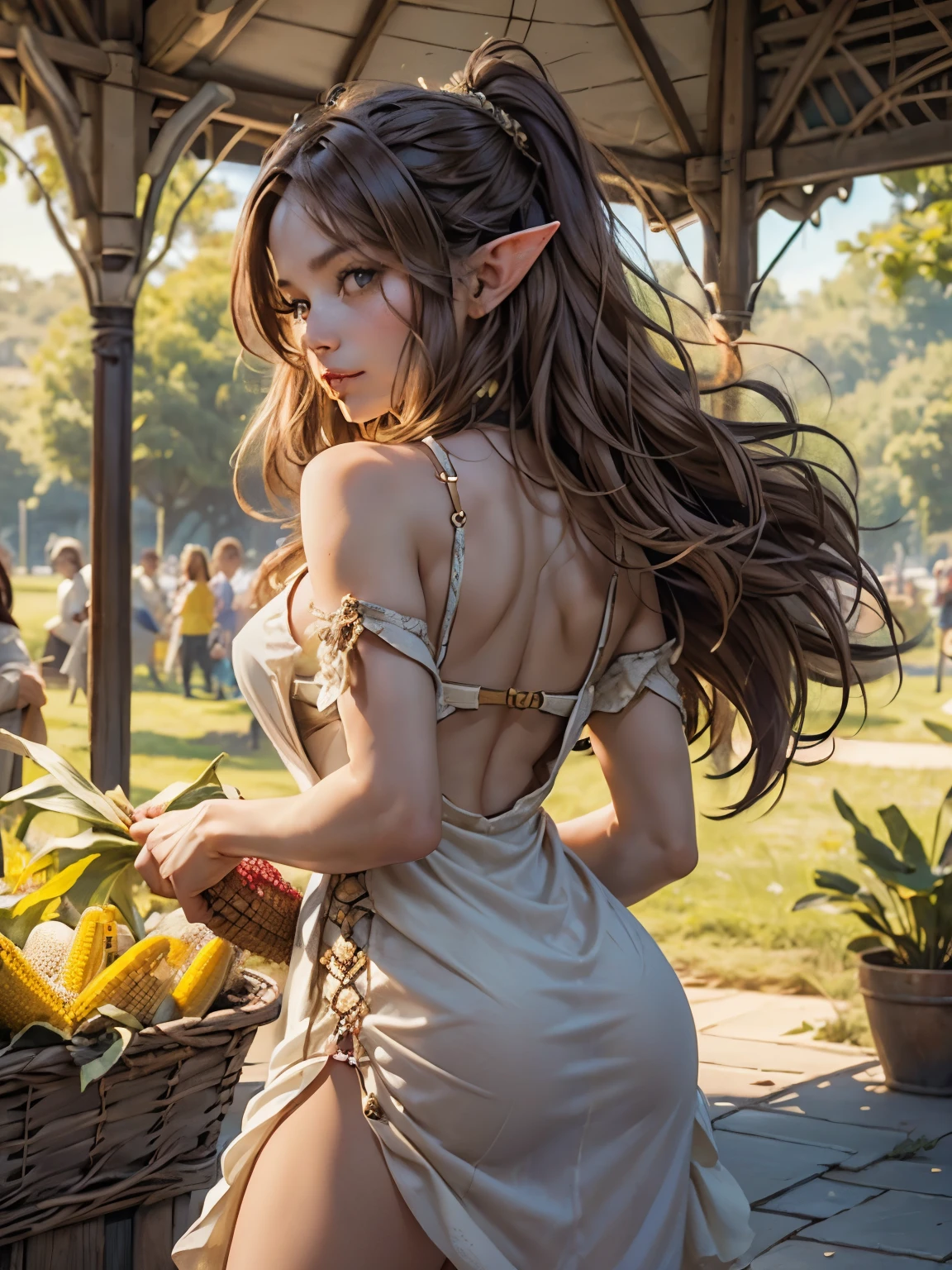 ((Medieval fantasy setting)). score_9, score_8_up, score_7_up, score_6_up. 
Echo is a 22-year-old half-elf. She has light brown skin. Thick light chestnut hair with caramel highlights and soft waves. Brown eyes with green hues. Her beautiful face is oval with soft features and pronounced cheekbones. She has full and attractive lips with a natural blush. A slight scar over her right eyebrow. Her ears are small like a human's but pointed like an elf's. 
Her physique is athletic and slim, she toned and flexible. She has a round and elastic body shapes.
Clothing: Sheer sundress, worn on a naked body, without underwear. Thin straps, deep neckline, open shoulders. Hair is loose, flowing over her shoulders. Eho stands, lifting her sundress in the front and masturbating with a corn cob. She runs the corn cob between her labia and over her clitoris, looking back to see if anyone notices. Her face expresses arousal and desire.
Eho masturbating with a corn cob.
Camera: Front view, focusing on her vagina.
Background: Crowd of people at the market, but Eho is slightly apart from them.
Tags: masturbation, corn cob, external stimulation, standing, elf girl, back view, nipples visible, looking back 
