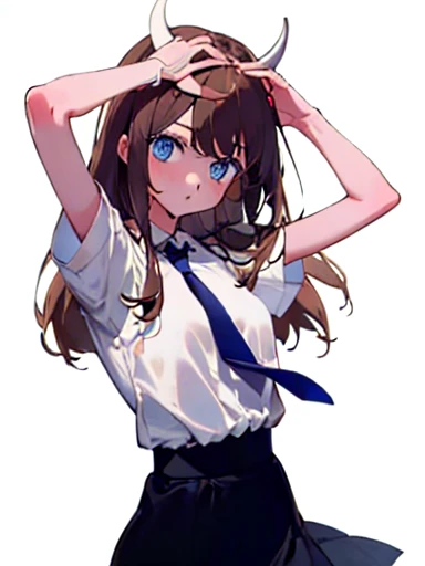 A girl who has light brown hair that reaches her shoulders, with bangs that fall over his forehead. Its blue eyes and it has a pair of small white horns on its head.. He wears a white blouse with a blue tie, combined with a black skirt that highlights her slender figure. His skin is clear, It is elegant and firm.