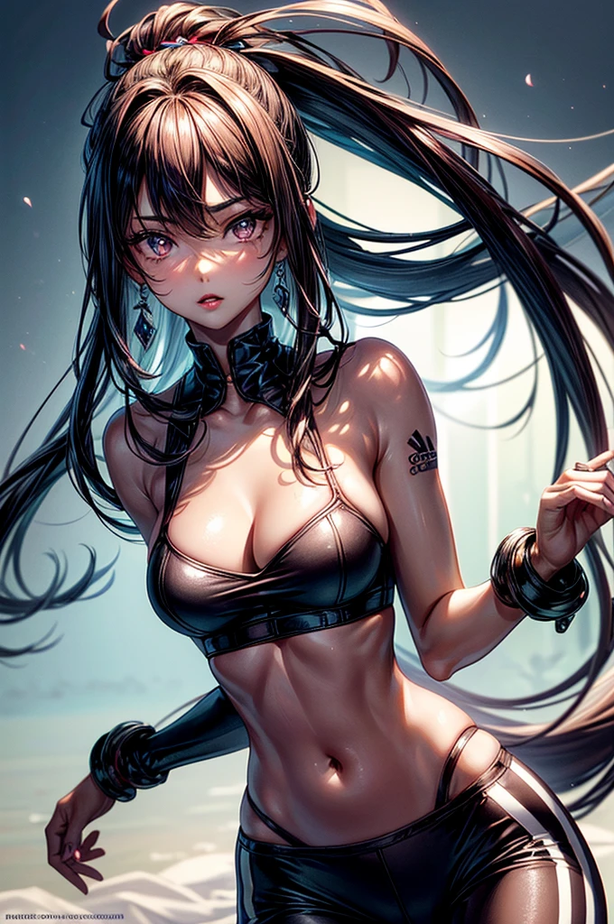 ((highest quality)),(ultra high resolution),(Super detailed), (best work of art), (ung girl:1.5), beautiful and well-shaped face:1.5,(Beautiful skin with precise and detailed depiction:1.6),(sports bra and Adidas waist band dolphin track shorts, Adidas sneakers ),gorgeous, masterpiece, best quality, high-resolution, finely detailed, extremely detailed and beautiful, distinct-image, hourglass figure,, 1 girl, 18 year old teen, solo, sharp facial features, oval shaped face. cherry red lips,. velvet-colored eyes, C-cup breasts, tall height(175cm), slim curves, toned body type, flowing waist length ink-black dark violet hair, small narrow waist, long and slender legs, curvy wide hips, modern athletic setting, lightly tanned white skin