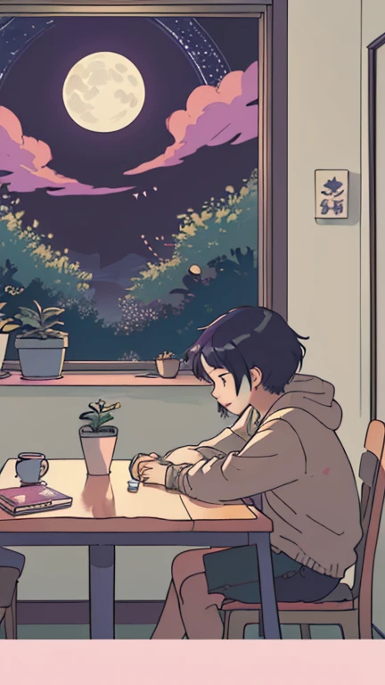 (Table:1.5, Best quality:1.5), ((Vaporwave style, partially coloring)),In a cozy Japanese style room, A girl studies hard at her desk alone,Dim room,Stylish warm lighting., Кофе на Tableе,I see the moon from the window,The room is decorated with plants