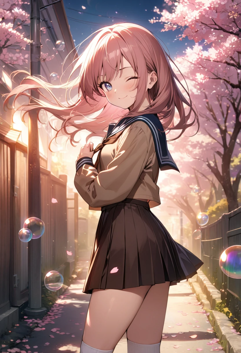 1 girl,16yo,8K,amazing quality, aesthetic,anime,ultra-detailed face,detailed eyes,,sailor suit,brown collar(brown:1.5), light brown shirt,long sleeve,brown pleated skirt,brown ribbon tie,white knee-high socks,gradient eyes,one eye closed,smile,floating hair,pink hair,long hair,cowboy shot,Looking back at the viewer,school zone,cherry blossom tree,(petals:1.3),(bubbles:1.3),(iridescent light:1.4),masterpiece,amazing quality,top quality, highly detailed illustration