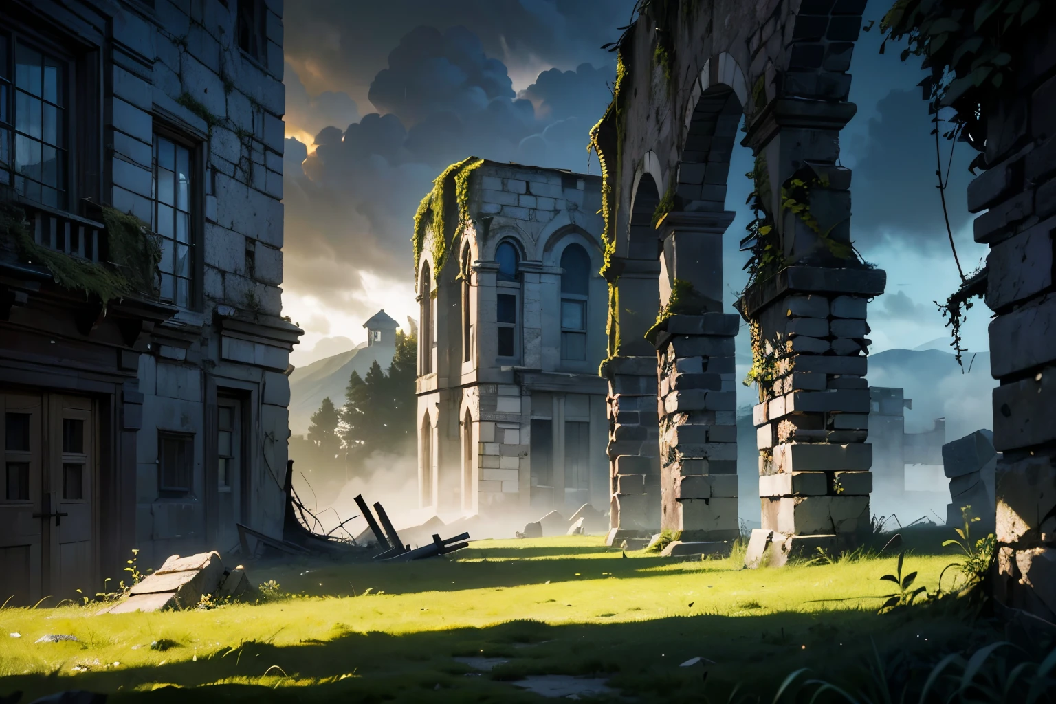 detailed ancient small mountain village in ruins, abandoned,crumbling stone buildings,overgrown with moss and vines,sunlight peeking through clouds,atmospheric fog,detailed textures,dramatic lighting,moody tones,rich colors,cinematic composition,intricate details,photorealistic,8K,masterpiece