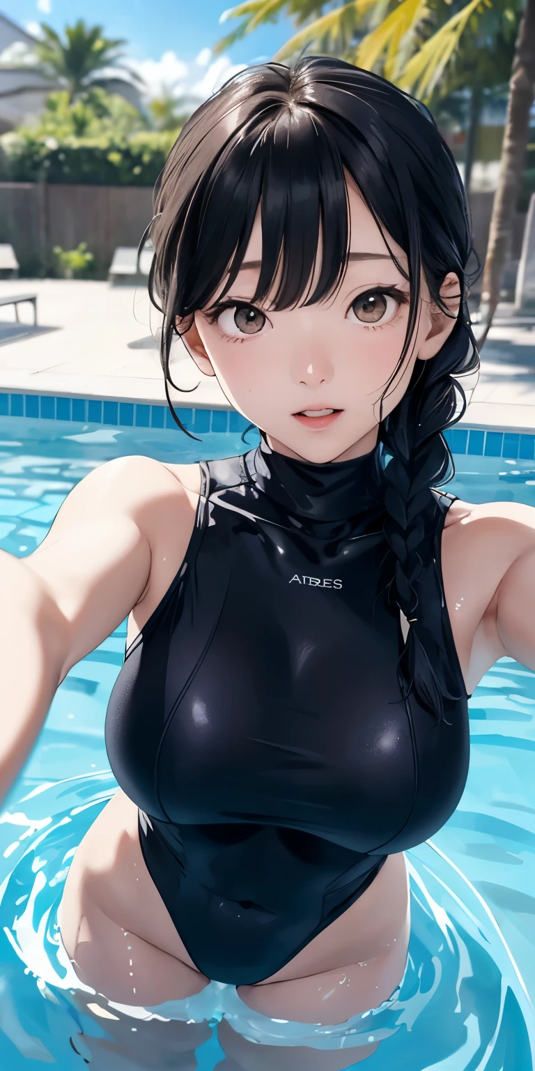 Bigger breasts(Open mouth and climax face)Background Outdoor Pool、(My body is soaking wet 5.5)、Braided hair、Realistically、(Two 10 year old girls hugging each other, Bigger breasts胸の膨らみを強調する)、Navy blue and yellow((Gloss 5.5))She is wearing a sleeveless turtleneck swimsuit，，Accentuate cleavage，Looking up from below，blush，moist pink lips，sexy，Own，Please open your mouth wide、Place your arms behind your head、