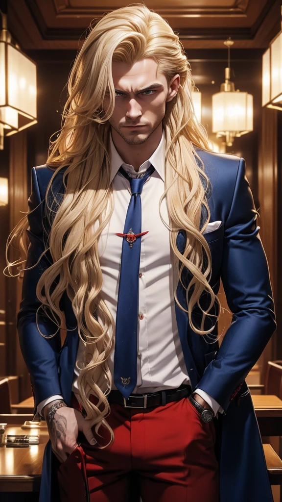 russian mafia、Blonde Hair、Long curly hair、Tie your hair back、Red suit、A shirt open to the chest、Holding a Tokarev in one hand、Scars on the face、Blue Eyes、Eyes are fixed、ambition、fear、Angry、woman、Luxury hotel interior、Highest quality