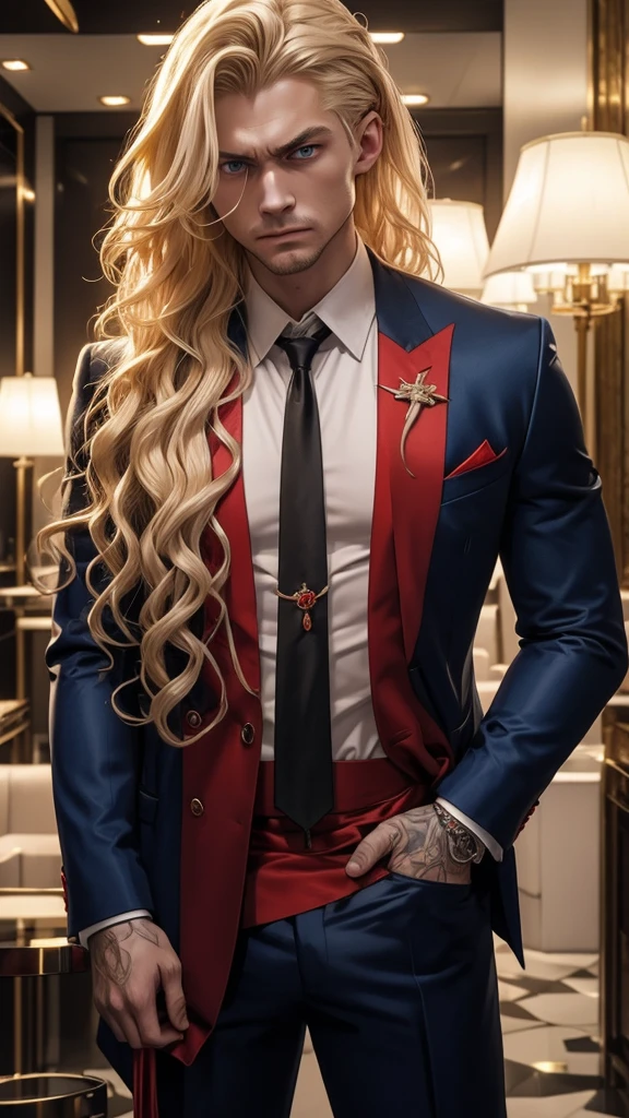 russian mafia、Blonde Hair、Long curly hair、Tie your hair back、Red suit、A shirt open to the chest、Holding a Tokarev in one hand、Scars on the face、Blue Eyes、Eyes are fixed、ambition、fear、Angry、woman、Luxury hotel interior、Highest quality