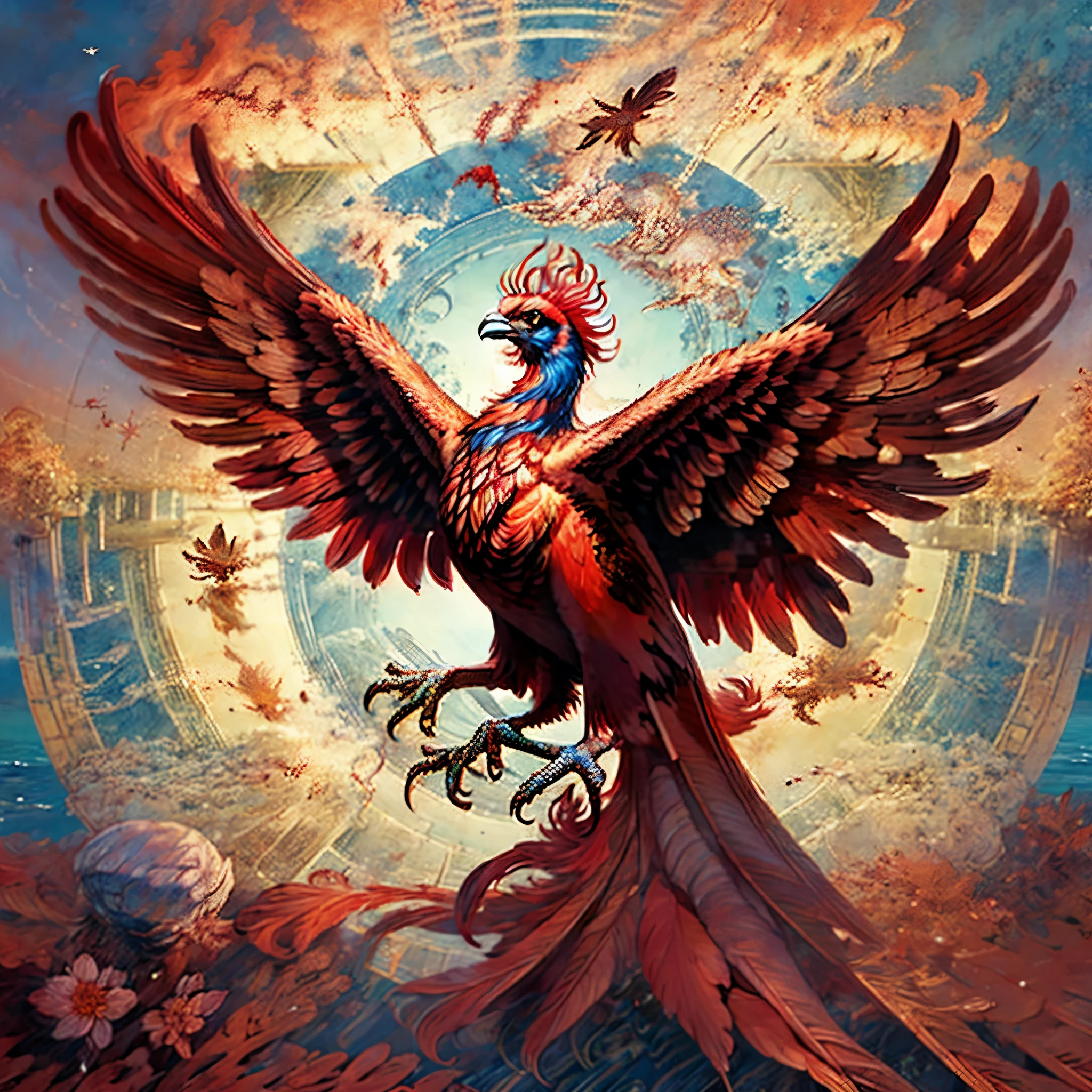 Generate the image of a wounded phoenix flying and in the background the sea and birds flying at dusk with a gloomy atmosphere, in reddish colors like a watercolor