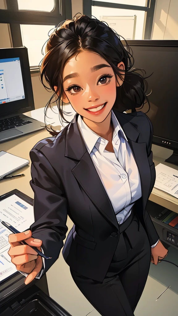((details));(highest quality); ((hair datails)); black girl with formal work clothes; Office worker ((devian art)); smiling; (best digital art);(more realistic); ((HQ filters))