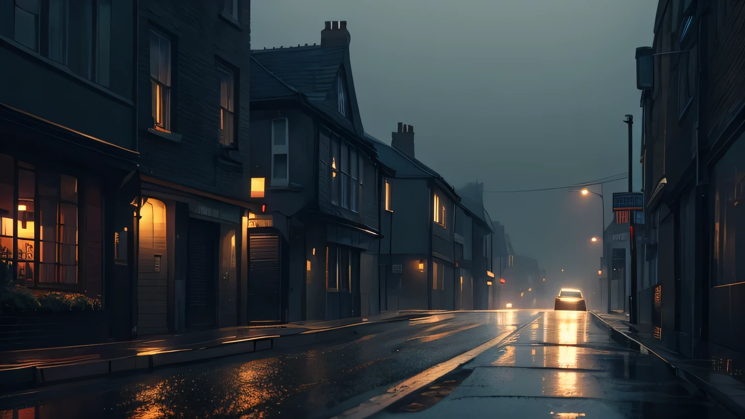 view down an empty road in england, everywhere is empty, no humans or cars. The setting has a raining and wet depressing atmosphere, with soft lighting casting a gentle glow on the surroundings. anime style