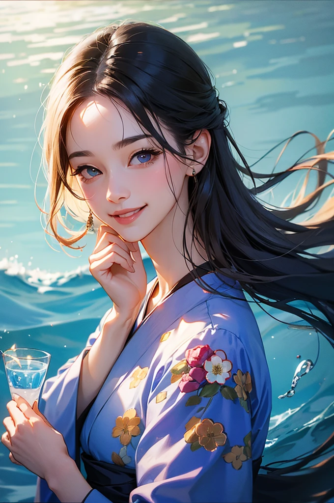 Smiling beautiful woman in kimono holding a transparent glass of water close to her face