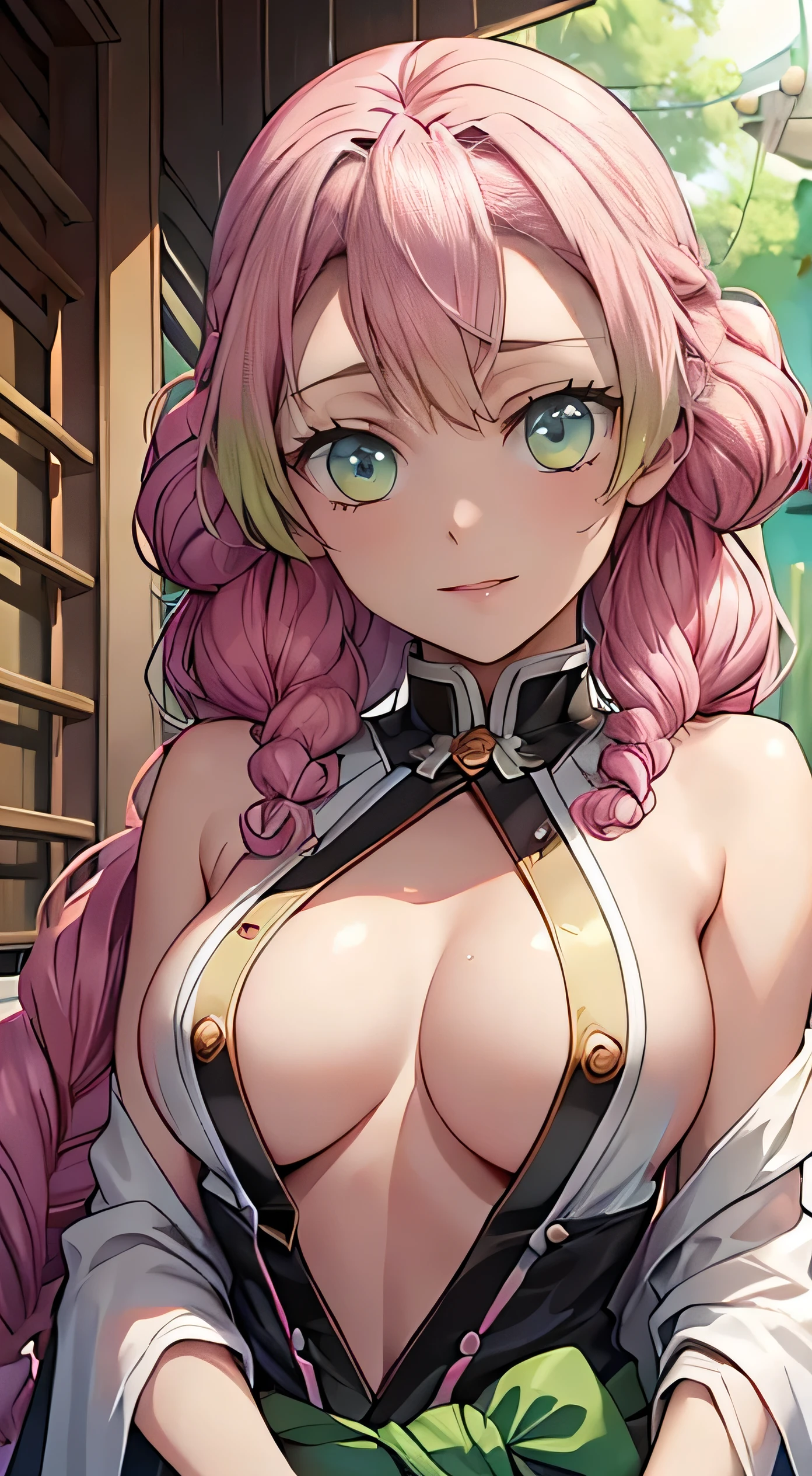 Mitsuri from Demon Slayer, beautiful breasts. Pink hair fades to green, Japanese bath, Beautiful figure, taut clothes, Kimano's White Cloak, black undershirt, Buttons are unfastened at the top, big breastes, Smiling, green colored eyes, handsome body, sexy clothes, Beautiful eyes, very detailed eyes, Very detailed face, handsome body, Cherecter Desing, Sex position, Very detailed, Detailed body, Detailed hands, Detailed, Vibrants, Detailed Face, sharp-focus, WLOP, artgerm, Anime Art, Vibrants, Detailed Face, Hugh Details, sharp-focus, Very drooping face, Detailed eyes, super fine illustration, better shadow, finely detail, Beautiful detailed glow, Beautiful detailed, extremely beautiful, Extremely detailed, expressionless, epic composition, Anime Art, Anime style,