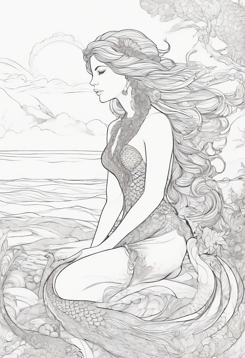 Coloring page of a mermaid sitting on a beach, clean line art, detailed white space