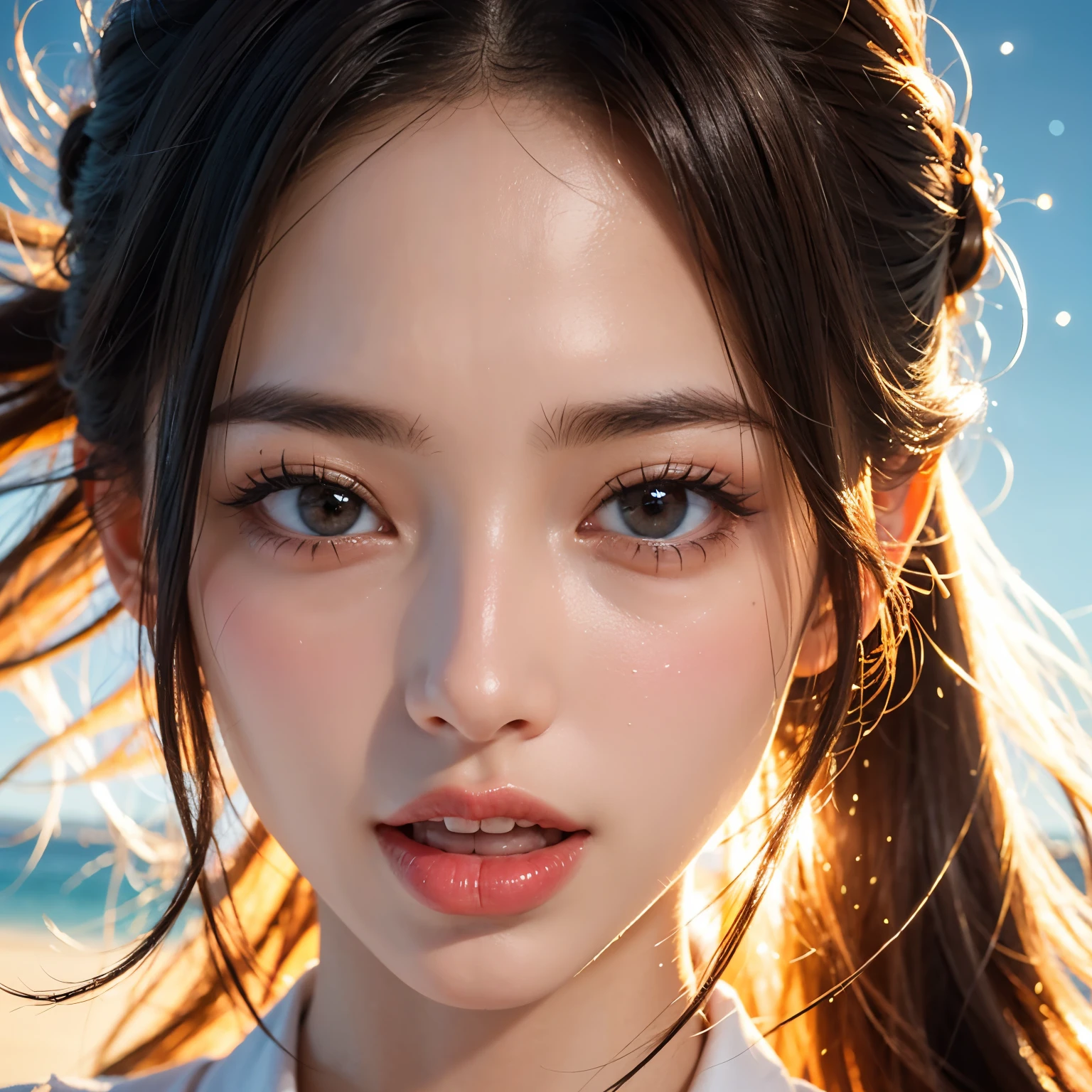 (Acutance:0.85), Masterpiece of 8K Ultra-detailed, Volumetric lighting, (RAW photorealistic:1.37), Tiny girl wearing tube-top dress、Tropical Beach、evening、Stroll along the beach、(Gazing at the sunset, colorful sky)、(Orange rays illuminating face, close-up:1.4), Gust of wind . (((Extremely detailed NOGIZAKA face))), perfect anatomy, Childish, captivating gaze, Reflective Eyes with (sparkling highlights:1.28), long eyelashes、Glossy RED Lips with beautiful details, Coquettish tongue, Rosy cheeks, ((Radiant natural skin) with clear transparency) . { (Dynamic joyful expressions) | (:d) }, (Light Particle;1.25, God Rays), (no Large eyes).