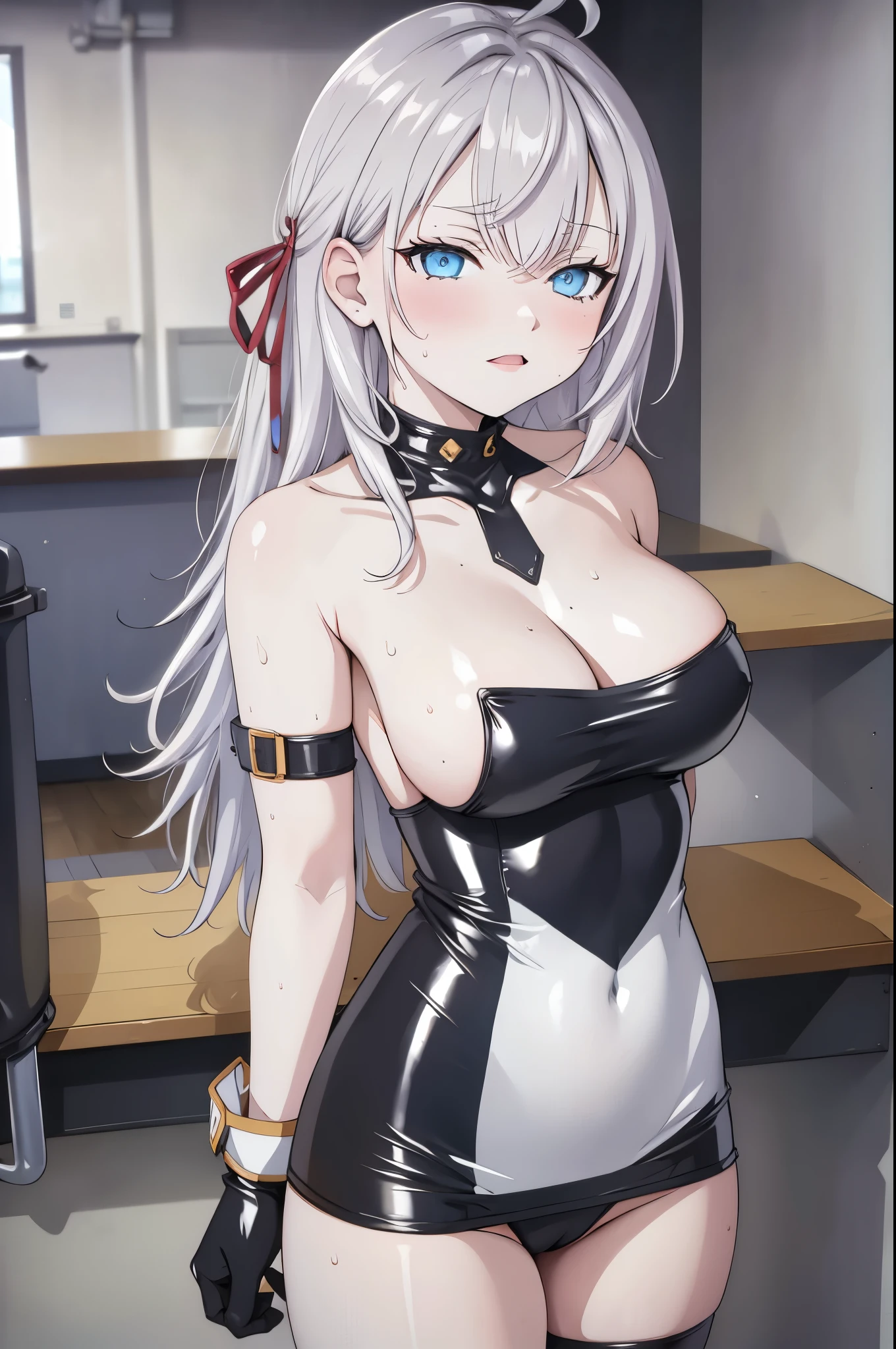  sexy girl no clothes, big bobs , White background sexy pantyhose, sweating a lot, gloves on hands, white hair, detailed blue eyes, topless