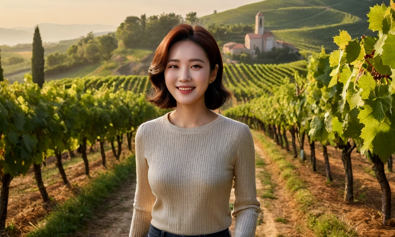 Wearing a luxury brand long-sleeved knit, 40 year old Korean woman with short medium hair, smiling face, short and petite, very beautiful.!, Get inspired by Son Ye-jin, 8K vertical rendering, photo realistic beautiful face, big eyes,double eyelid, black eye, Wear a dark round neck t-shirt. beige jean pants. Warm light in vineyards at dawn in rural Italy, The morning sun shines beautifully. Standing on a curved path. (digital painting, HDR, high contrast),, (best quality:1.4, 8k 3D, 45,000,000,000,pixel,),(masterpiece:1.3),(sharp focus:1.2),(Full body shot with Canon camera 16-35 wide angle lens, 포도 밭이 내려다 보이는 언덕 위 Standing on a curved path, 32 inches, A woman of  and short stature, A cathedral can be seen in the distance through thick fog., Vineyards with vivid image quality, three dimensional grape leaves, Grape leaves look vivid and clear., Smiley, walking down a path,