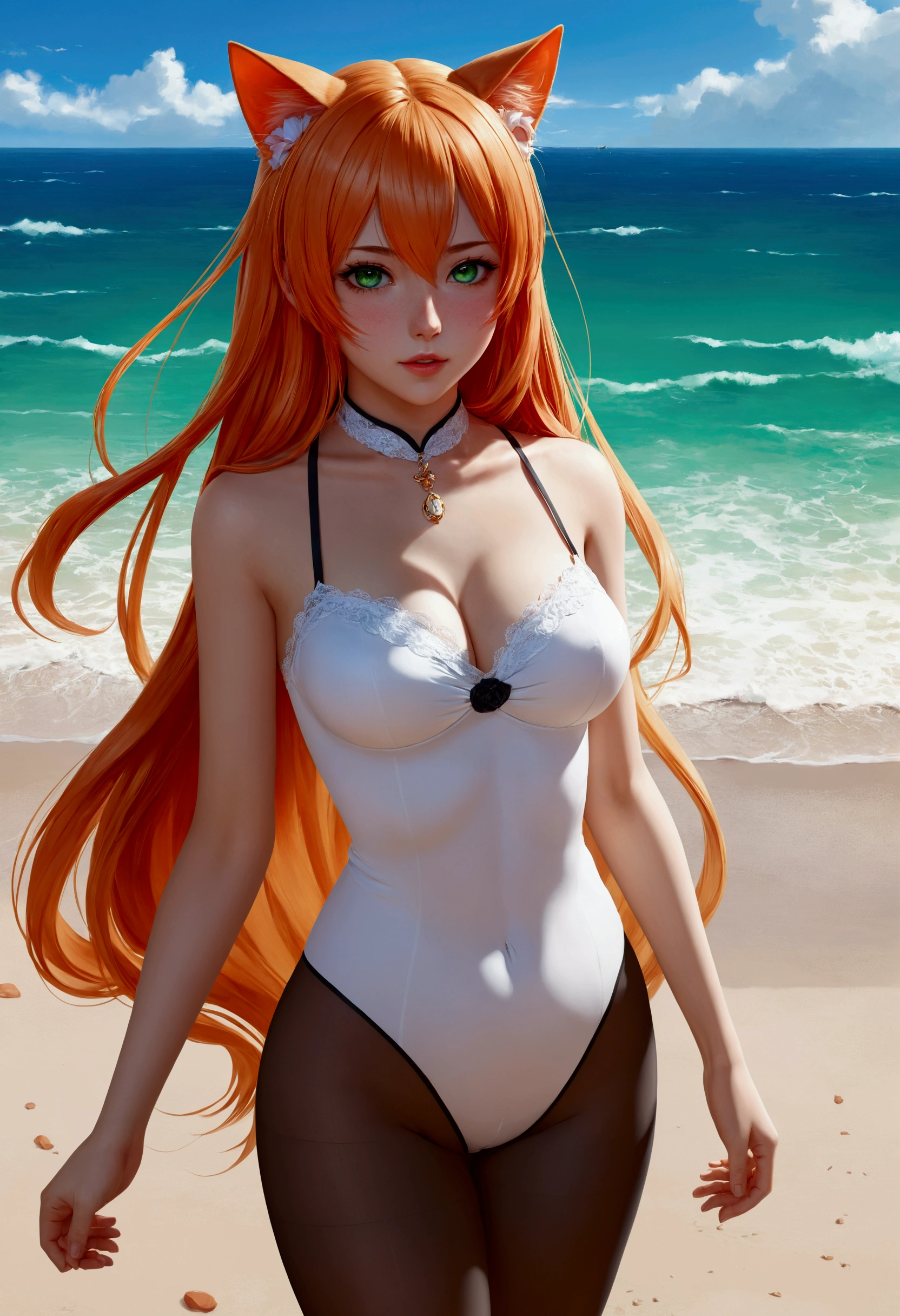 anime girl with long orange hair standing on beach near ocean, green eyes detailed digital anime art, cat ears, , anime girl with long hair, smooth anime cg art, anime girl with long hair, average breast size, digital anime art, artwork in the style of guweiz, beautiful anime portrait, photorealistic anime girl render, beautiful anime girl, advanced digital anime art, pantyhose, guweiz on artstation pixiv upscale HD UHD HQ